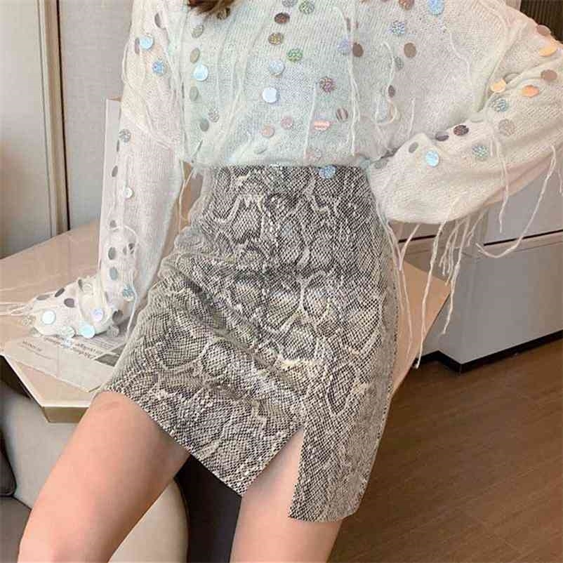 

Women Snake Animal Print Mini Skirts Vintage PU Faux Leather Female Casual Street Lady High Waist Bottoms 210517
