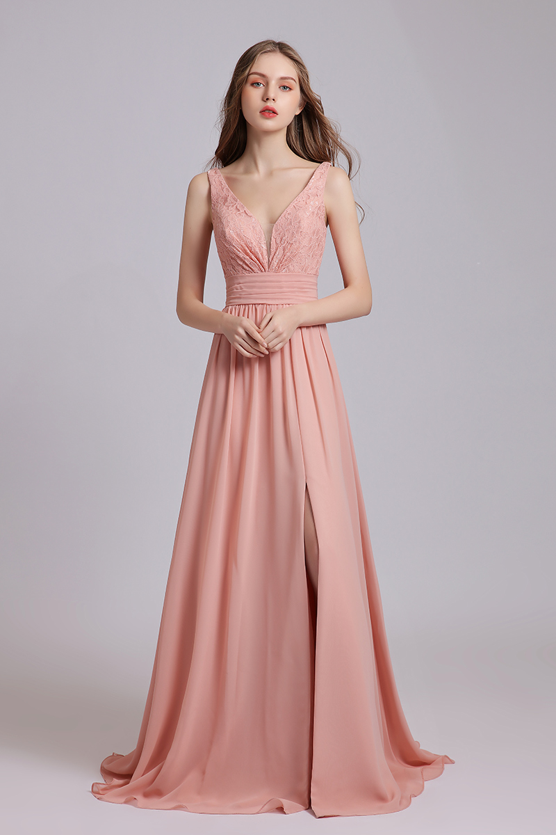 

5625 Long Chiffon Lace V-neck Bridesmaid Dress Elegant A Line Prom Dresses Floor Length Wedding Party wear