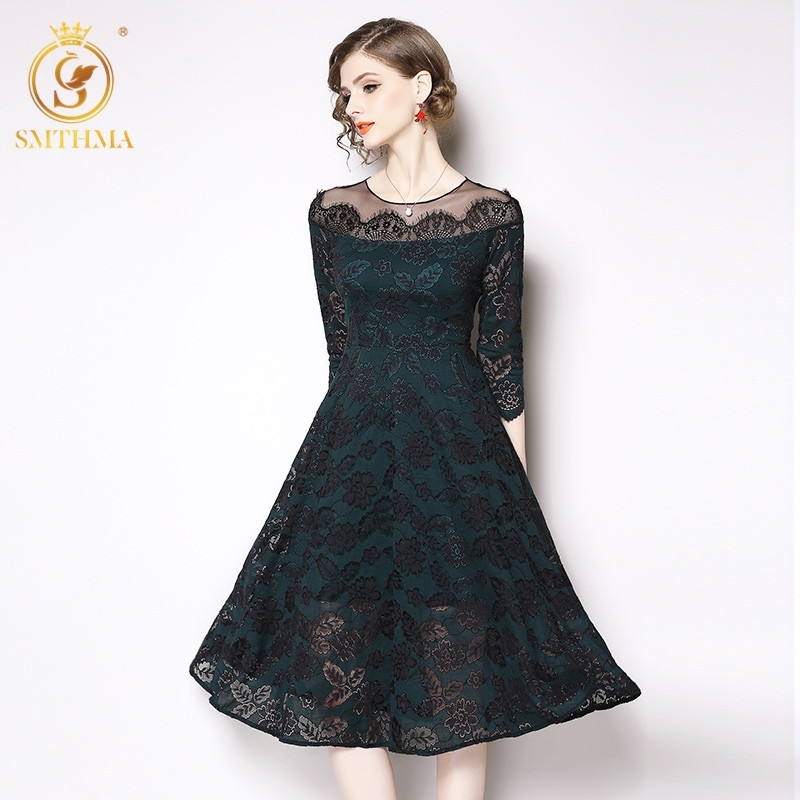 

Autumn And Winter High-End Hollow Lace Patchwork Dress Women Runway Vestidos 210520, Photo color