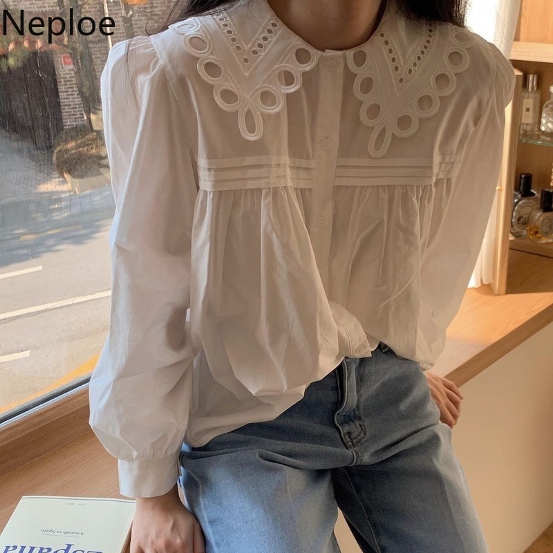 Neploe Women Blouses Casual Long Sleeve White Tops Spring Korean Elegant Loose Single Breasted Collar Elegant Blusas Mujer 4H510 210422