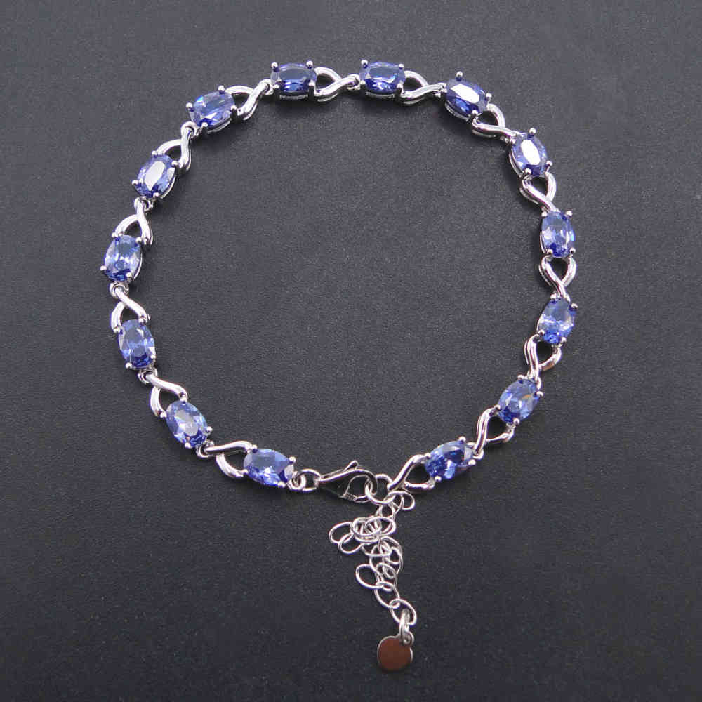 

100% 925 Sterling Silver Bracelet Stamped S925 Oval Blue Created Sapphire Tanzanite Fine Women Jewelry with 7"+1"extension Chain 210524