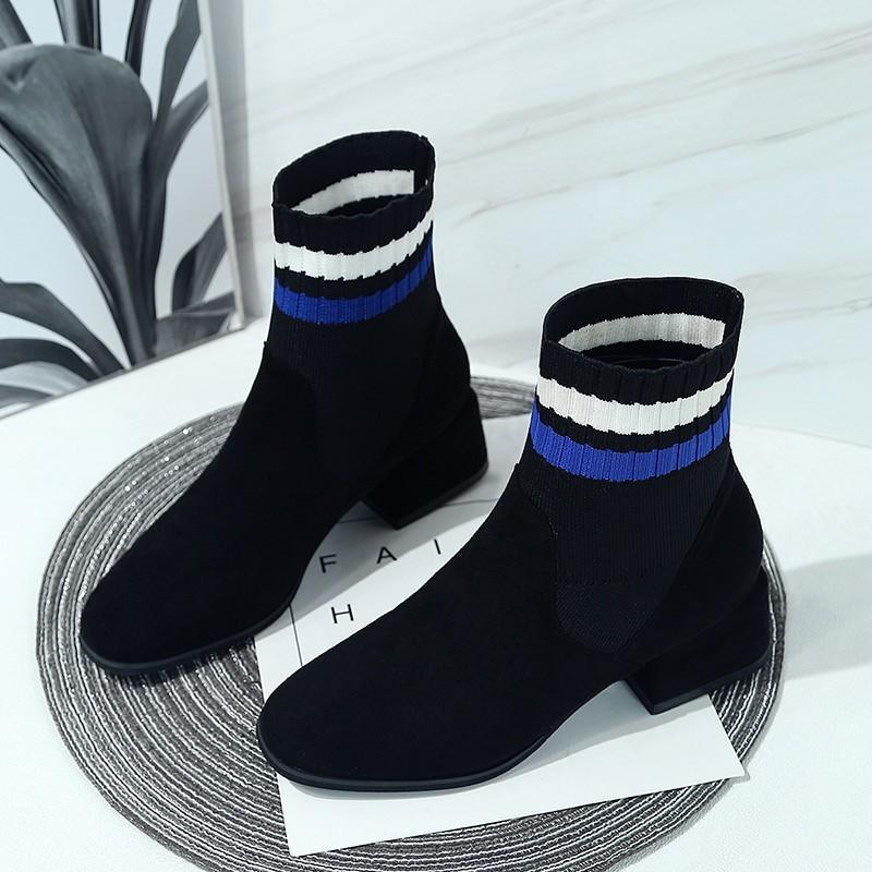 

Boots 2021 Autumn Winter Sock Square High Heels Ankle Striped Slip On Flock Knitting Women Shoes Woman, Black