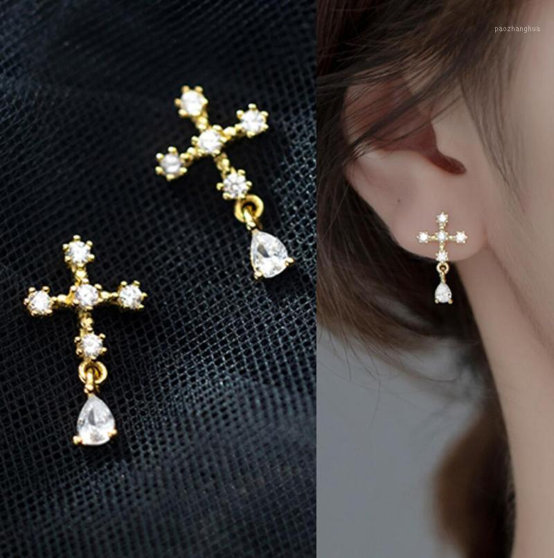 

Stud 925 Sterling Silver Cubic Zirconia Pave Cross Post Earrings A4044, Golden;silver