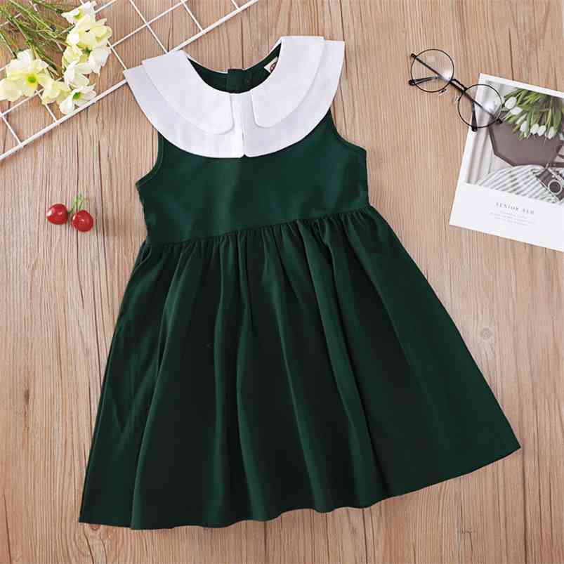 

Summer Girls Dress Sleeveless White Collar Green Solid Cute Vestidos 3M-5T 210629