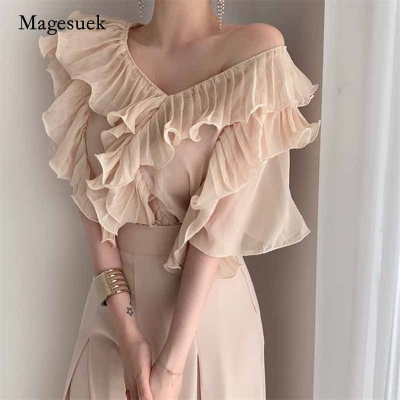 

Summer Chic Korean Elegant Ruffled Chiffon Blosue Fashion Solid V-neck Short Sleeve Woman's Shirts Blusas Mujer 10293 210518, As picture