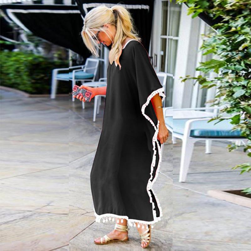 

Women Summer Dress Ladies Fashion Beach Solid Pom Pom Trim Loose Long Swimwear Cover Up Cardigan Tassel Dress Plus Size M140#1, Black;gray