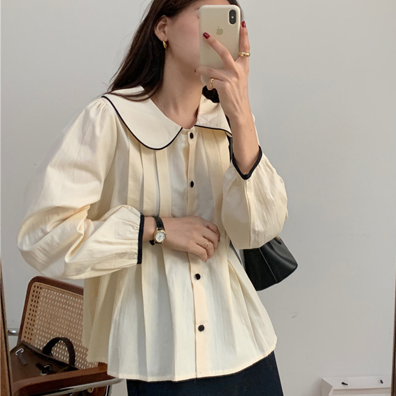 

Women' Blouses & Shirts Shintimes Peter pan Collar Button Blouse Korean fashion Woman Clothes 2021 Spring Autumn Long Sleeve Shirt Women Ch, Apricot