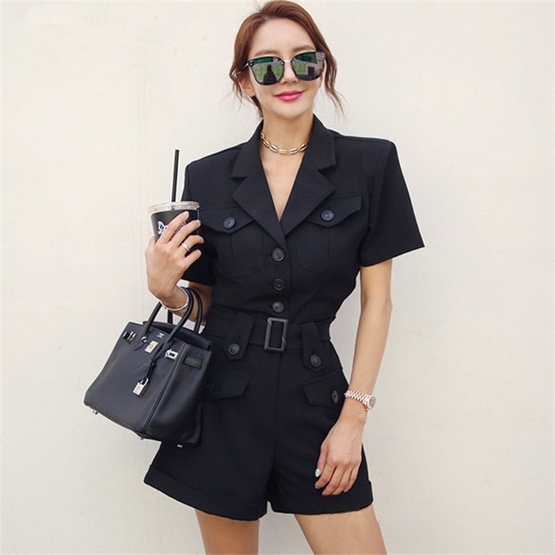 

Summer Office Ladies Jumpsuits short sleeve Notched Neck Sashes Overalls Formal Work Wide -Leg Rompers Jumpsuit 210603, Black