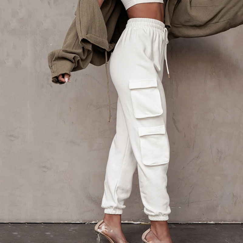 

Paris Girl Fashion Pocket Cargo Pants Women Streetwear High Waist Drawstring Autumn Winter Vintage Straight Harajuku Sweatpants 210524, Gray