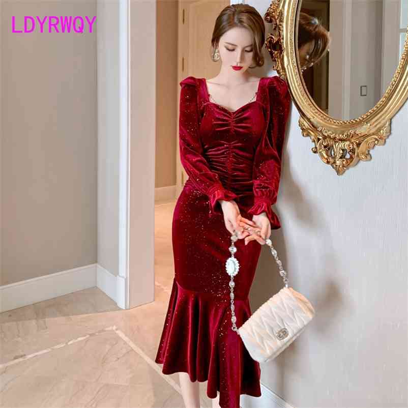 

French vintage wine red velvet dress Sheath Office Lady Polyester Zippers Knee-Length Regular 210603, Burgundy