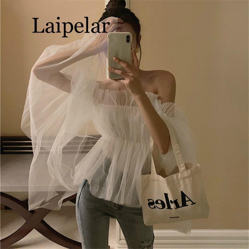 

Women's Blouses & Shirts Laipelar Mesh Casual Slash Neck Bare Shoulders Fresh 2021 Elegant Korea Chic Summer Women Sexy Blouse, Photo color