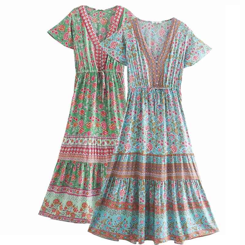 

Summer Fashion Flying Sleeves Button Front Deep V High Waist Women Long Maxi Dress Casual Beach Ankle Length 210604, Bl