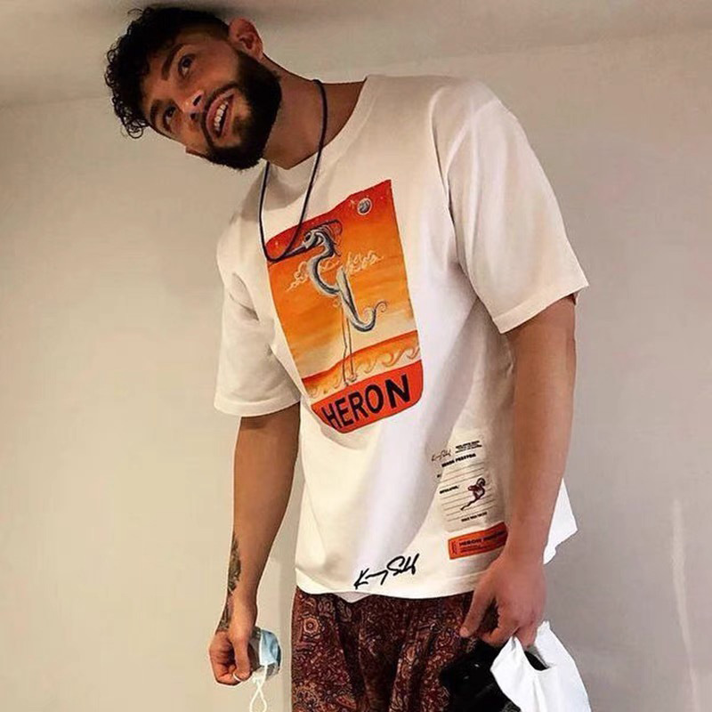 

Preston short sleeve fashion hip hop high street painted Heron loose couple T-shirtON9S, White;black