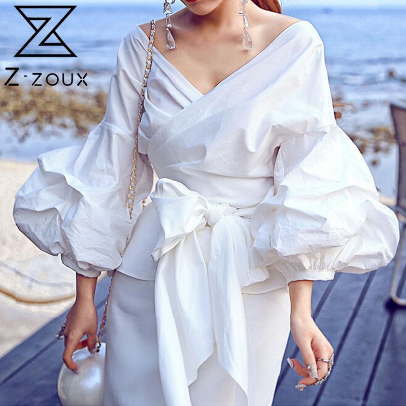 

Women Blouse Cotton White Shirt V Neck Puff Sleeve Shirts Bow Bandage Ladies Tops Black Vintage Autumn 210524