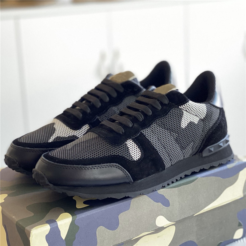 

2021 Camouflage Mesh Sneakers Mens Womens Rivet Shoes Studded Flats Camo Leather Breathable Casual Summer Trainer Rockrunner Shoe Chaussures, Black