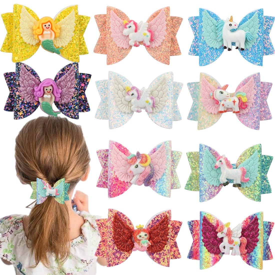 

3 Inch Girl Child Hair Bow Clip Unicorn Sequin Mermaid Barrettes Hairbow Hairpin Xmas Hair Head Accessories 12 Colors, Customize