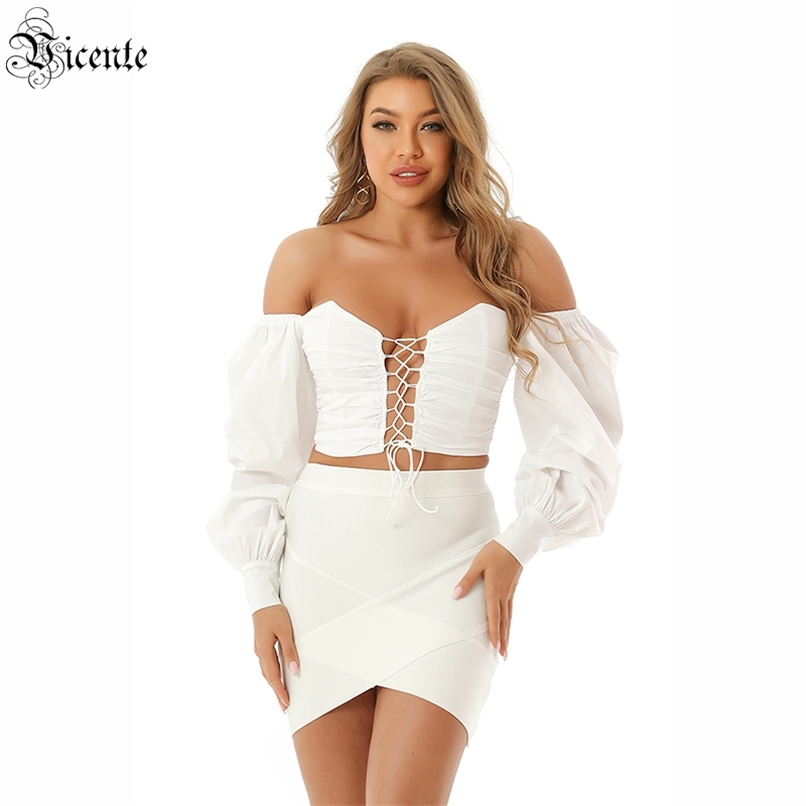 

Women' Tops Celebrity Party Cocktail Clothing White Lantern Sleeve Lace Hollow Design Off-shoulder Top 210520