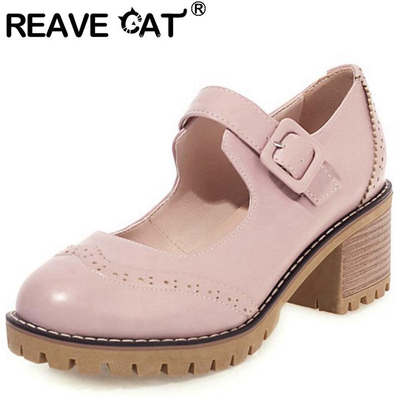 

CAT 2021 Women Pumps Round Toe 6cm Block Heels Buckle Brogue British Classic Soft Breathable Big Size 44 Casual A3819 Dress Shoes, Black