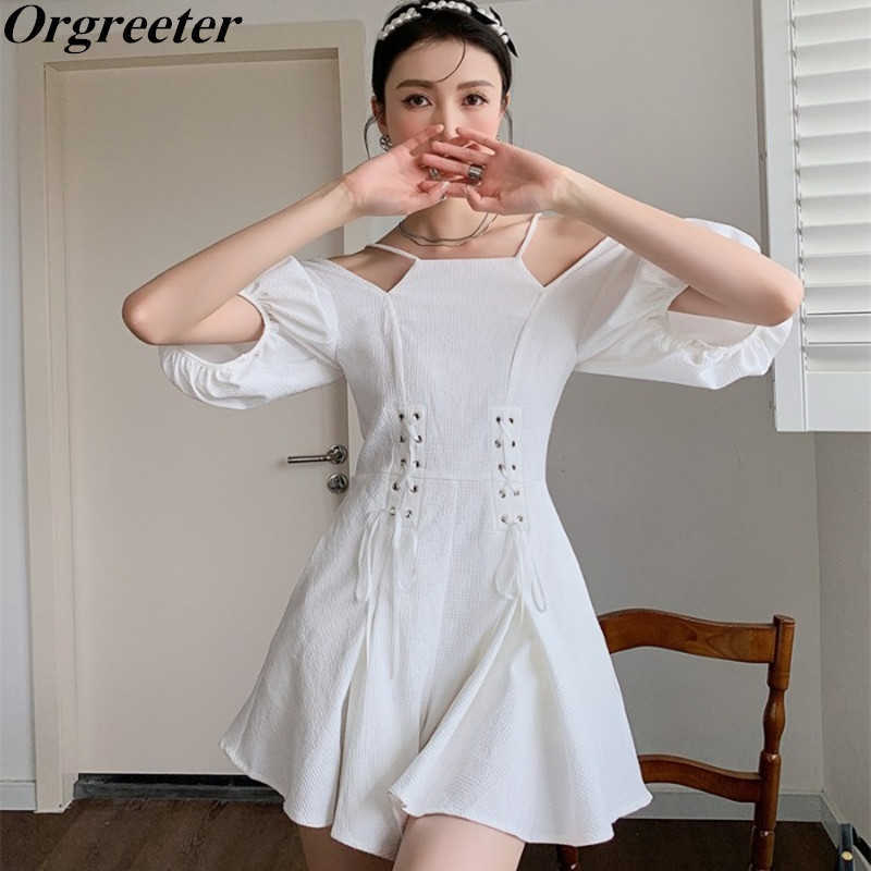 

Jumpsuit Women' Summer Fashion Wide-leg Short Pants Strapless Lantern sleeve Lace Up Bundle Aist Playsuits Rompers 210525, White