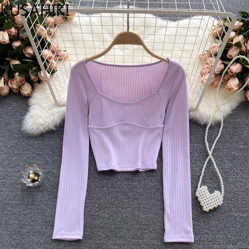 

KUSAHIKI Summer Long Sleeve Square Collar Woman Tshirts Sexy Slim Crop Tops Shirt Korean Solid Femme Graphic Tees 6J512 210602, Black