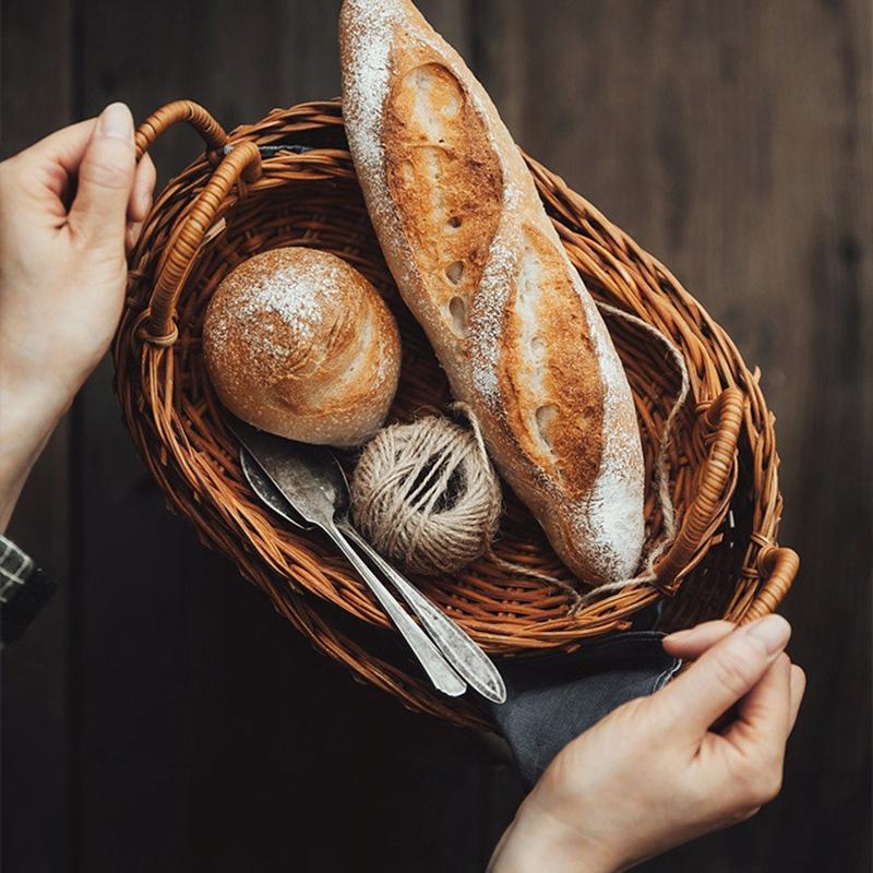 

Rattan Storage Basket With Handle Woven Tray Bread Fruit Breakfast Display For Kitchen(S,L) Baskets