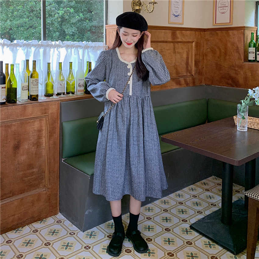 

WERUERUYU Winter Dress Woolen plaid dress Brown vintage With Knitted Long Sleev For Women 210608, Photo color