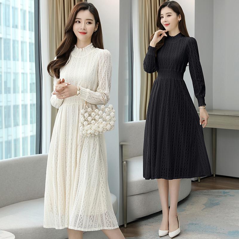 

Casual Dresses COIGARSAM Autumn Women's Dress 2021 Spring French Style Lace Puff Sleeve High Waist Apricot Black Traf Robe Vestidos, Black;gray