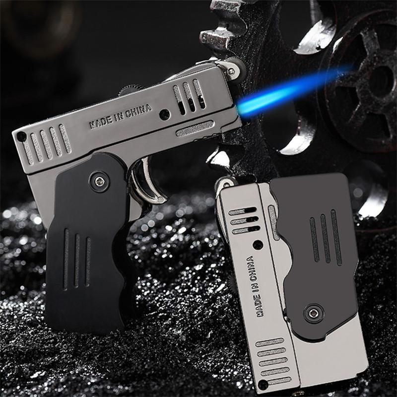 

Gas Lighter High Capacity Torch Turbine Revolving Pistol Model Spray Gun Butane Two Flame Blue Fire Cigar Explosion-proof For Wild Kitchen