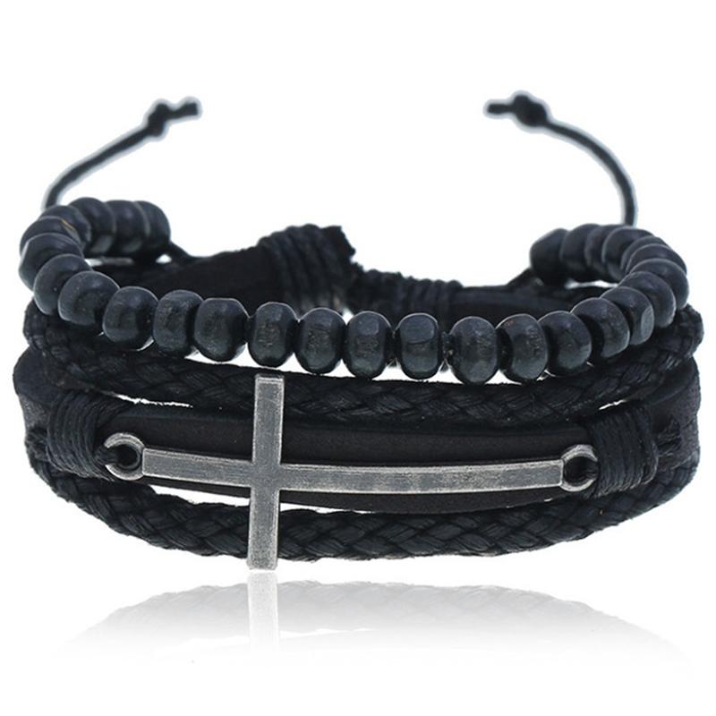 Charm Bracelets 2021 Vintage Cross Leather Bracelet Multi-layer Woven Wooden Bead-image-709753026