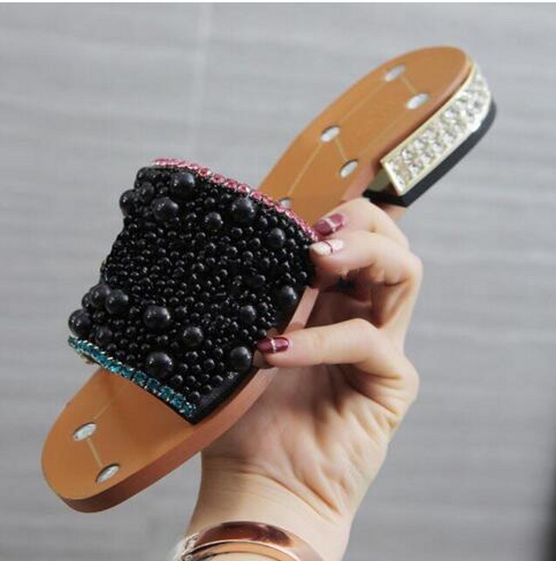 

Rhinestone Slippers Women Summer Sandals Low heel Genuine leather Fashion Womens Slides Pearls Shoes