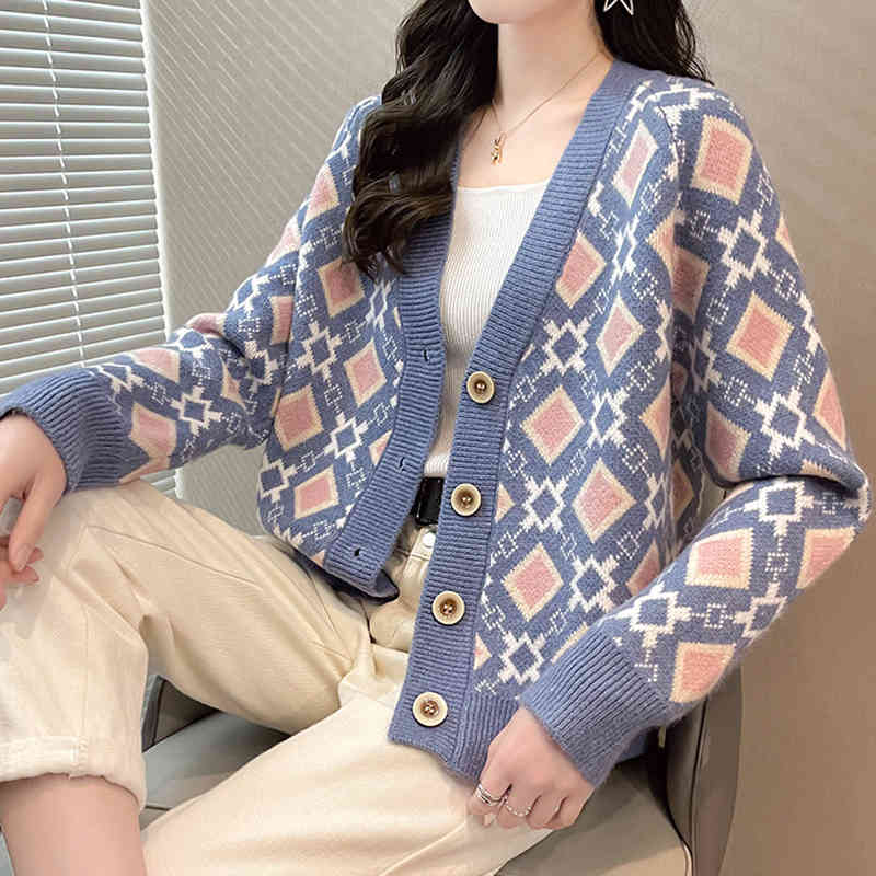 

Women' Sweaters Tigena Autumn cardigan vintage argyle imprint button long sleeve woman' sweater 3CUE, 1# shoe box