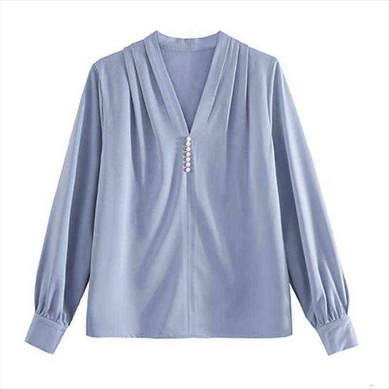 

blusas mujer de moda womens shirts beading v neck blue chiffon long sleeve c420, White