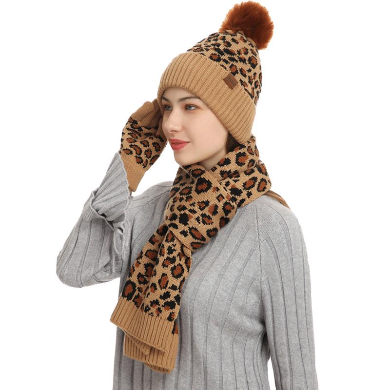 

Hats, Scarves & Gloves Sets Autumn And Winter Knitted Hat Set Leopard Pattern Warm Wool Scarf Glove Three Piece