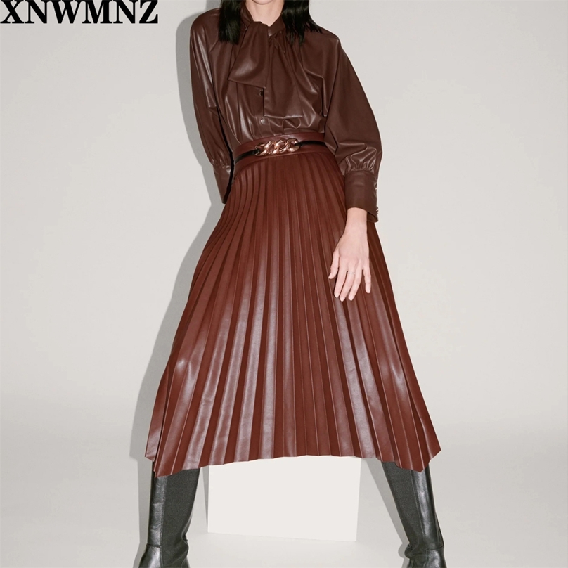 

women Vintage faux leather shirt Fashion high collar bow long sleeves Shirts Female Chic Tops 210520, Brown