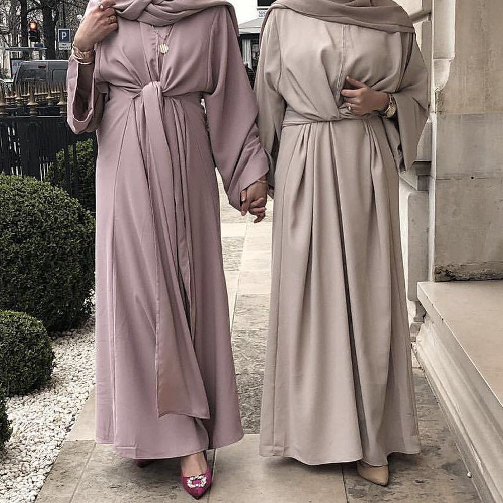 

Plain Wrap Front Muslim Dress Loose Casual Long Maxi Dress Abaya Long Sleeve Solid Color Dubai Turkey Modest Robe Islam Clothes