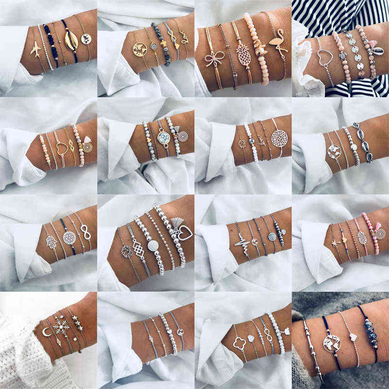 

30 Styles Bohemian Bracelet Set for Women Shell Star Map Lotus Pineapple Heart Natural Stone Beads Chains Bangle Boho Jewelry