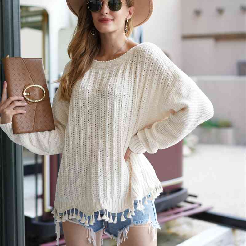 

Plus Size Sexy Knitted O Neck Sweater Loose Oversize Women Pullover Long Sleeve Tassel  Autumn Knitwear 210603, Apricot