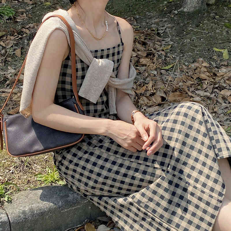 

Women's T-Shirt Retro Plaid Suspender Middle Length A-line Vestidos 2021 Summer Split Bottom UG38, Black