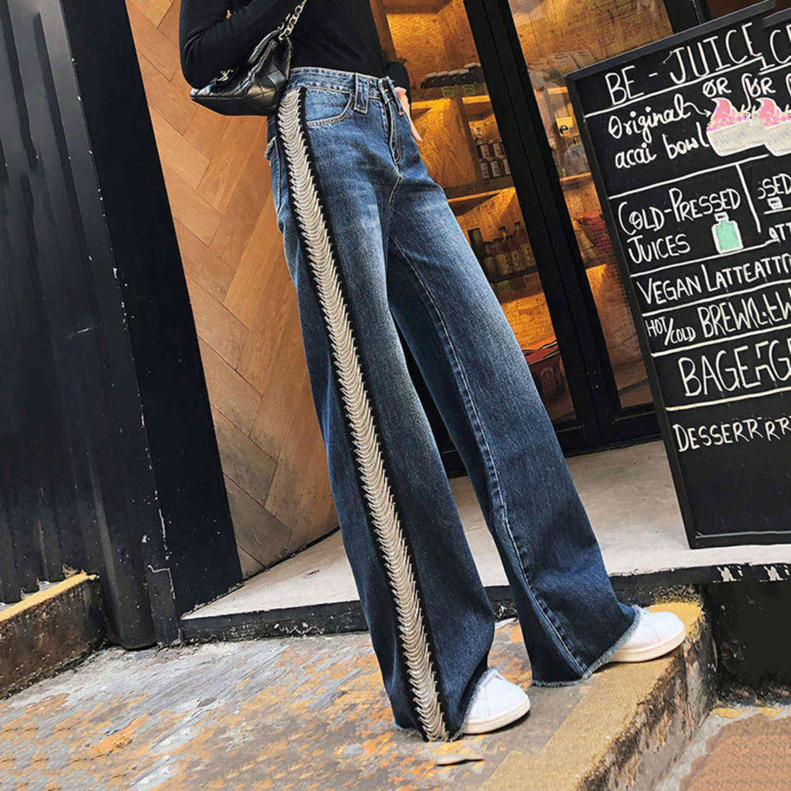 

Women's Jeans Calça jeans feminina larga, calça comprida cintura alta larga para outono, reta estudantes, design em corrente lateral, s FQ4U, 1# shoe box