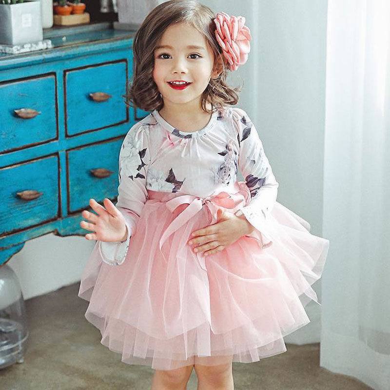 

Girl's Dresses Retail Spring Autumn Girl ffy Floral Tiered Gauze Long Sleeve Princess Children Clothing 2-6 Years E88346 6RXF, Pink