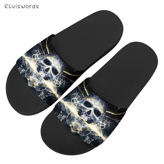 

Stylish Gothic Skull Pattern Ladies Indoor Slip On Casual Slides Woman's Comfortable Summer Flip Flops Girls Sandals Slippers, Black