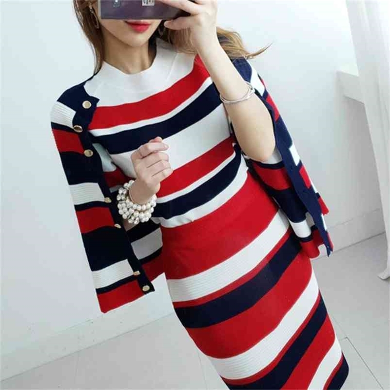 

Knitted Striped 3 Pieces Set Women Single-Breasted Cardigan + Short Sleeve Pullover Tops Bodycon Skirt Suit Women's Sets 210519, Picture color