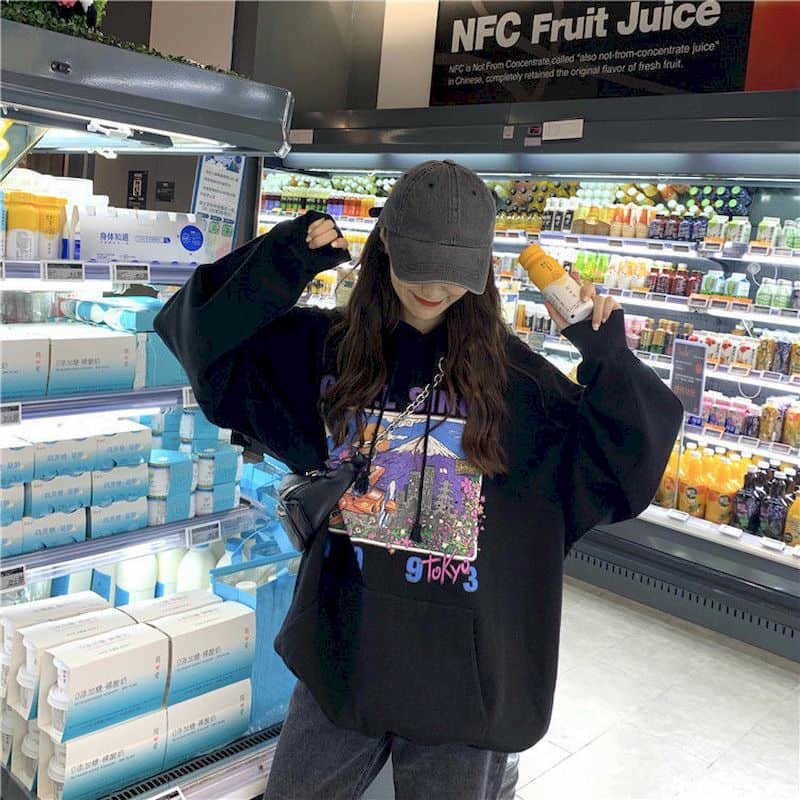 

Autumn and winter Korean version of Harajuku lazy wind loose bf hooded sweater male female student couple tops 210526, Black thin