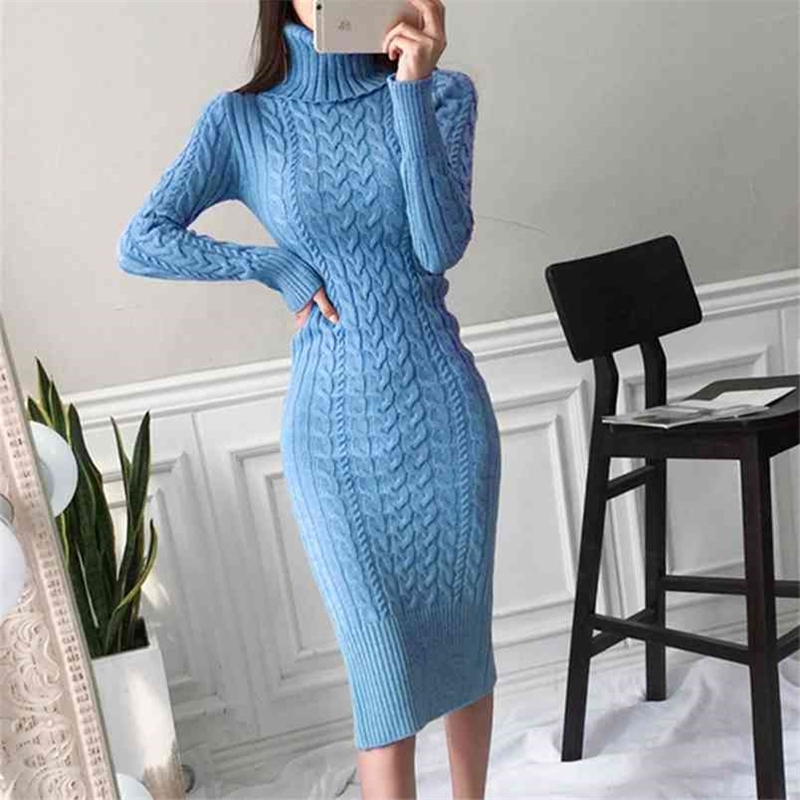

Autumn Winter Sweater Dress Women Sexy Slim Bodycon Female Turtleneck Long Sleeve Knitted Vestidos 210603, Picture color