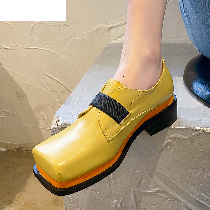 

Sandals Runway Thick Sole Chunky Heel Loafers Women Square Toe Deep Mouth Mixed Color Platform Shoes Elastic Band Single Female XC, Yellow