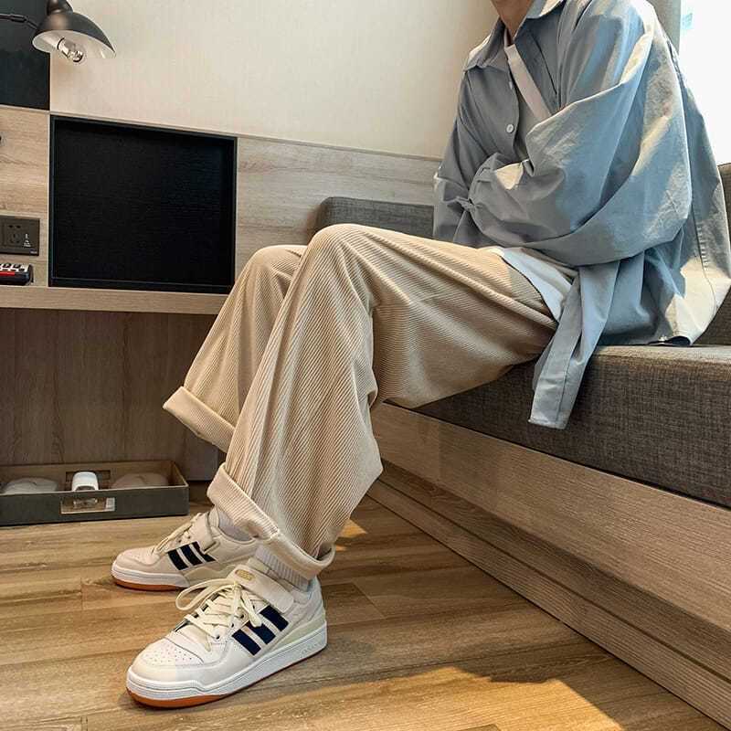 

Corduroy pants spring autumn men women's trend loose casual bottoms Harajuku Hong Kong style wide-leg sports trousers 210526, Khaki