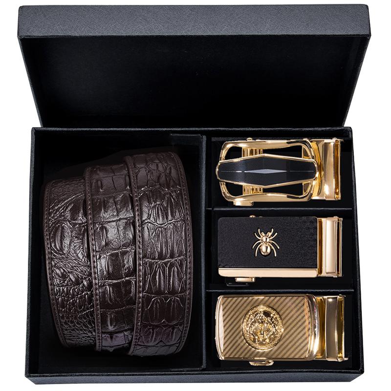 

Hi-Tie 3+1 Gift Box Set Genuine Leather Fashion Belts For Men Automatic Buckles Crocodile Belt Jeans Brown Cowboy, Black;brown