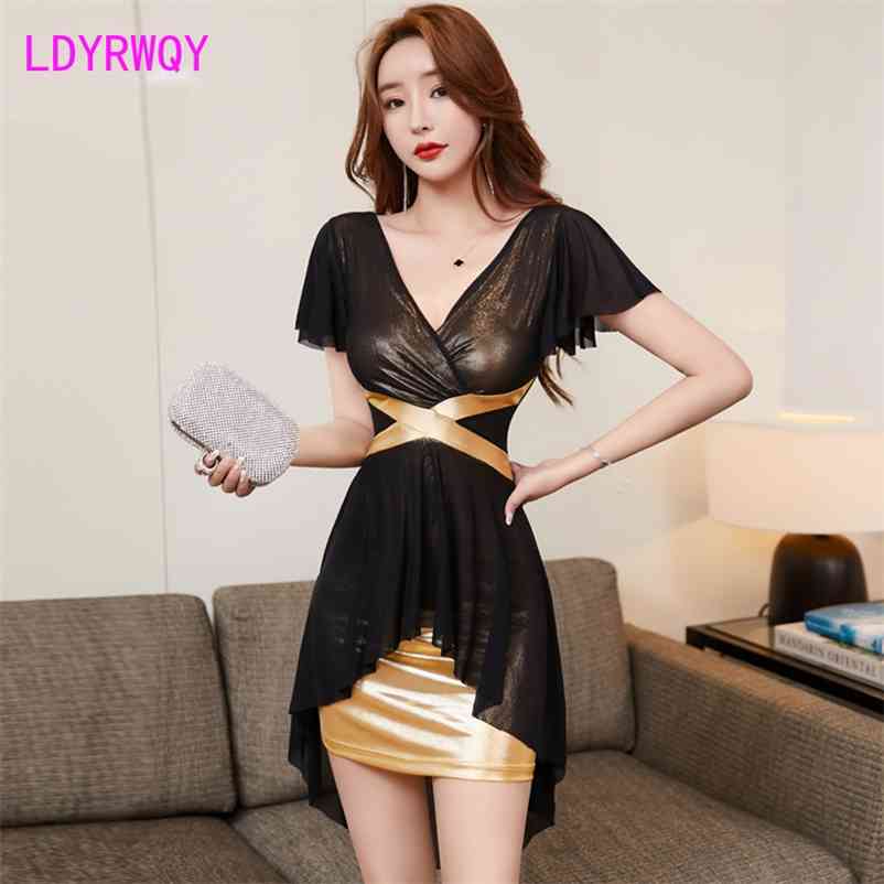 

LDYRWQY summer Korean version of the low-bust slim cover belly fashion flying sleeve gauze dress Office Lady 210603, Green