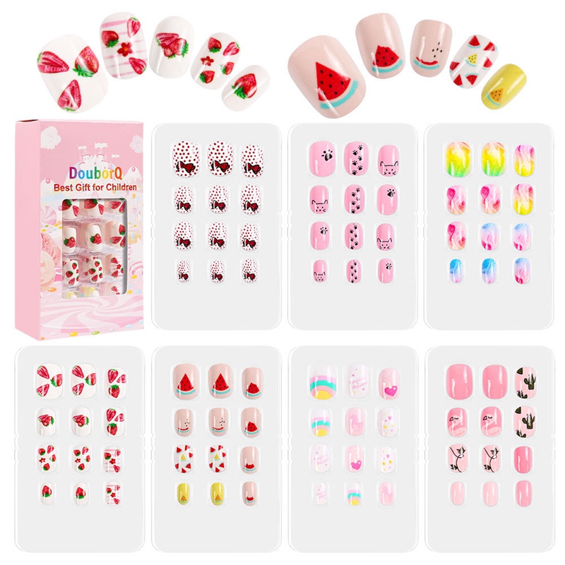 

84PCS/set Children Cartoon Candy False Nail Tips For Kids Press On Full Cover Kid Sticker Glue Fake Nails Art Girls Manicure Decorations 1196, As picture show