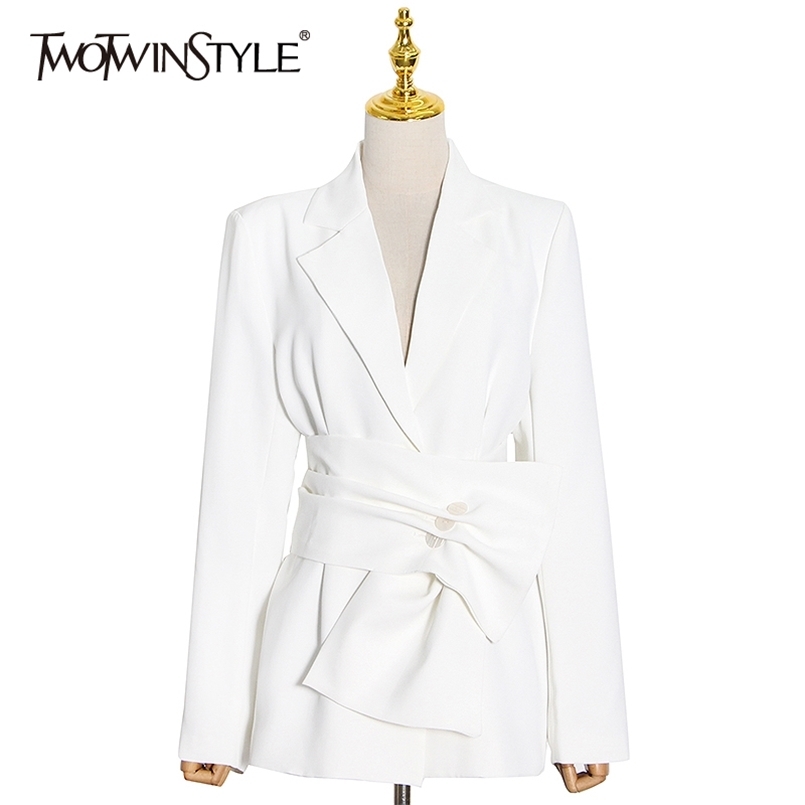 

Casual Patchwork Sashes Blazer For Women Notched Long Sleeve Elegant White Blazers Female Fashion Clothing 210524